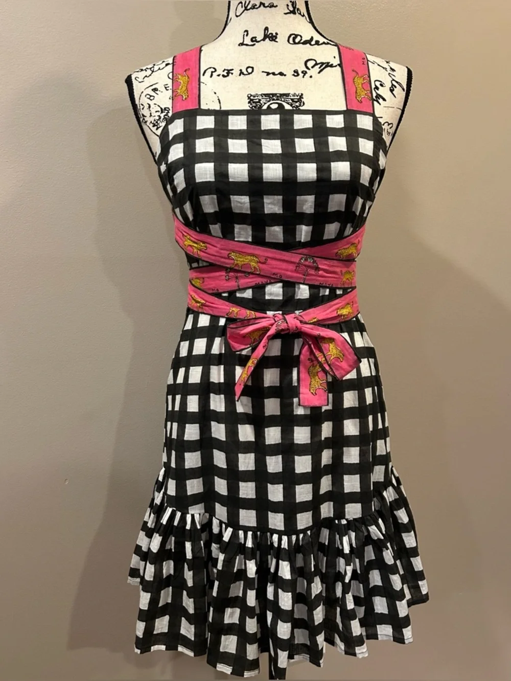 Mo Maya Luna Check and Leopard Print Strap Square Neckline Sleeveless Mini Dress - Picture 11 of 16
